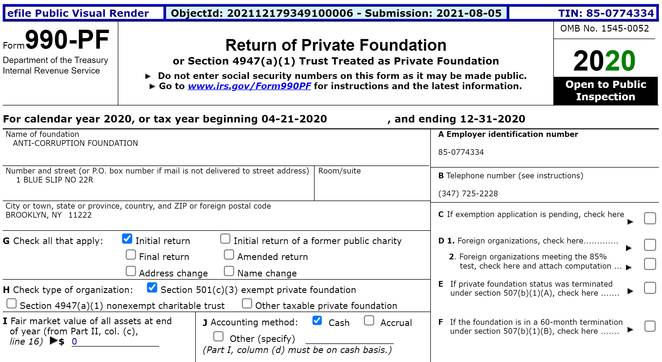 Скриншот отчёта “Anti Corruption Foundation Inc“ за 2020 год