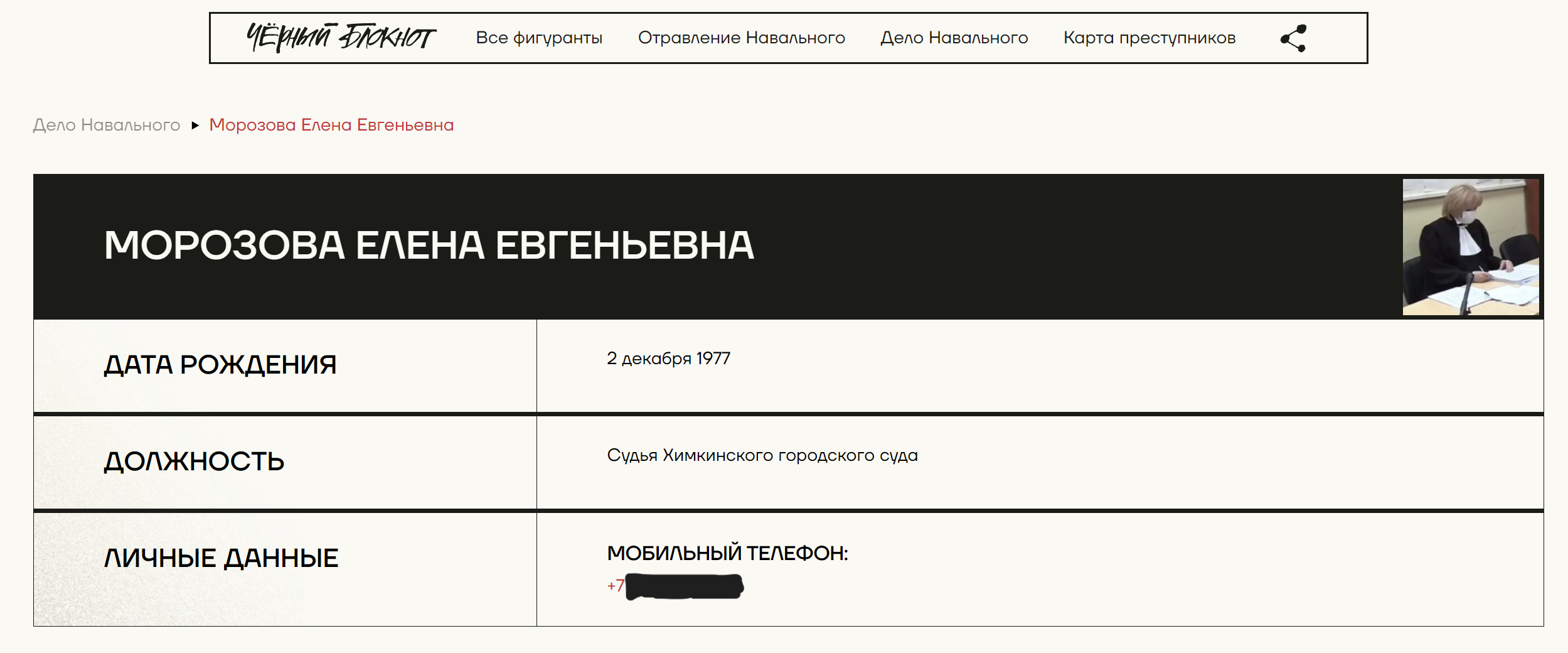 Скриншот с персональными данными судьи Елены Морозовой
black-book.wiki